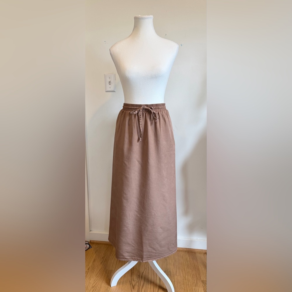 Brown Pull-On Maxi Skirt Minimalist A-Line Elastic Waist Drawstring XL Cyrus